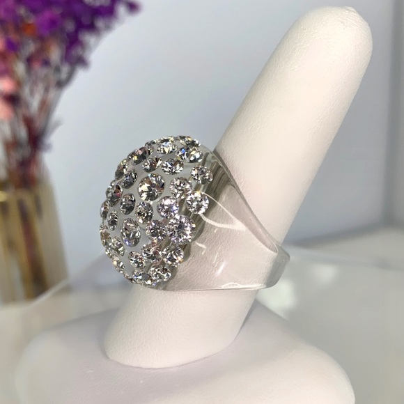 Women’s Acrylic Ring With Crystal Embellished Stones, Statement Ring, Clear - Picture 10 of 16